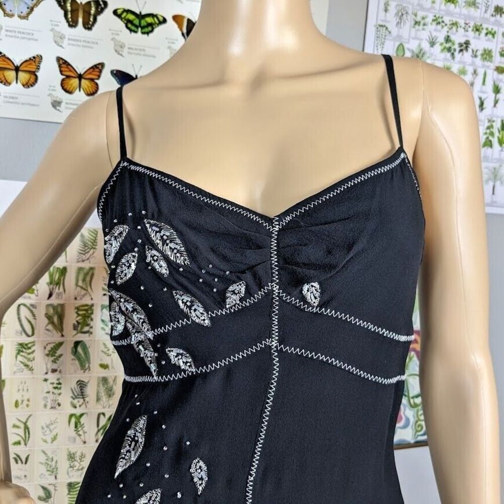 Vintage 90s y2k Sue Wong Silk Midi Dress Silver Beaded Dark Fairycore Size 6 - Picture 4 of 12